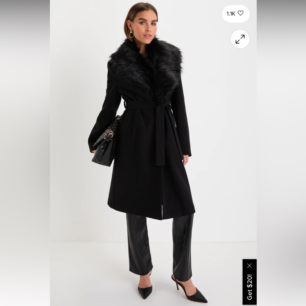 Black Faux Fur Trim Coat